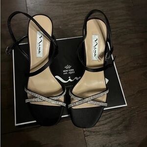 Nina Black Satin Rhinestone Crisscross Slingback Heels